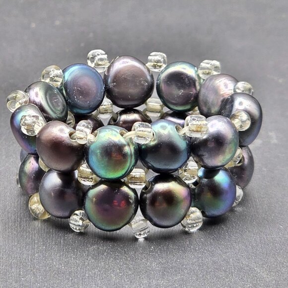 Unbranded Jewelry - Peacock Pearl Stretch Ring Size 6–10 Glass Beads Spacers VTG Double Layered 12mm